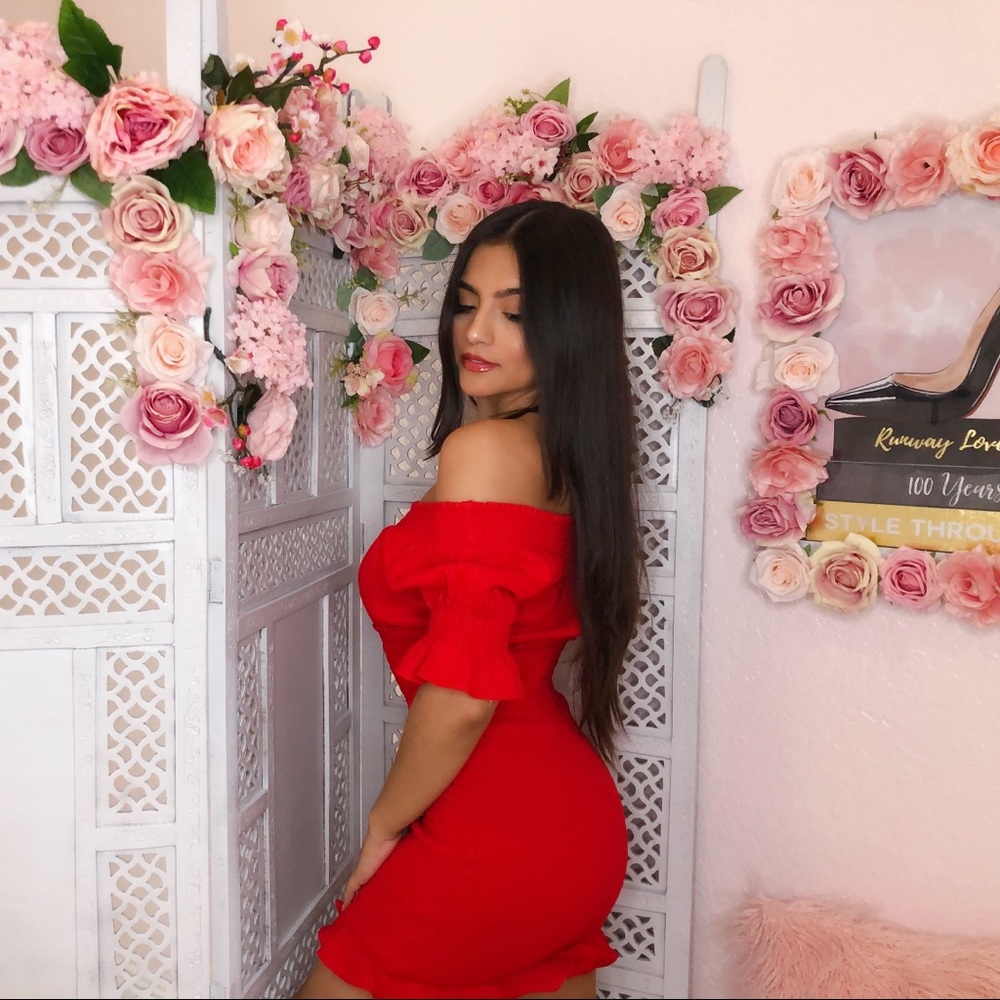 Red midi ruffle dress